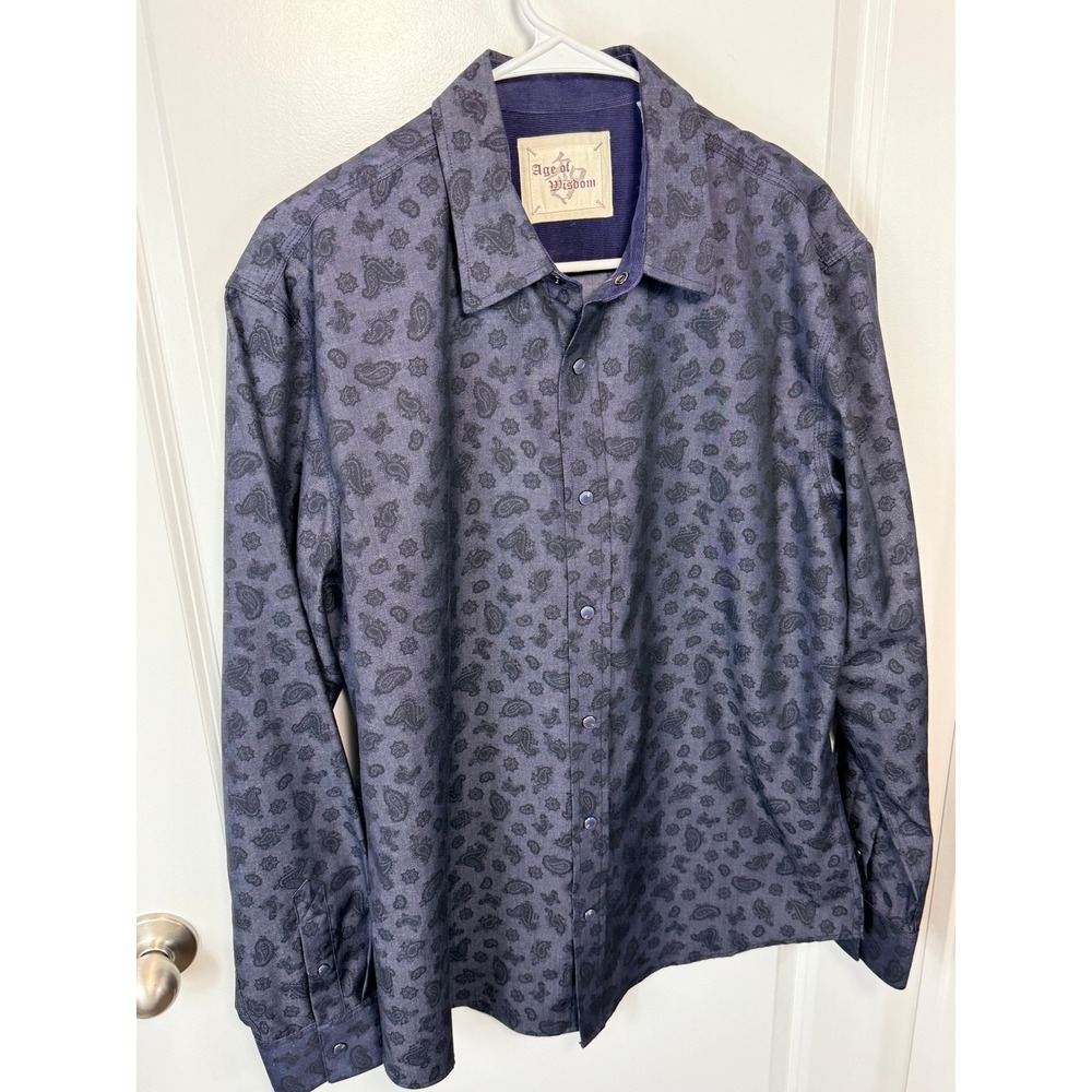Age of Wisdom Mens Navy‎ Blue Paisley Snap Front Long Sleeve Shirt Large Stretch - Picture 2 of 10